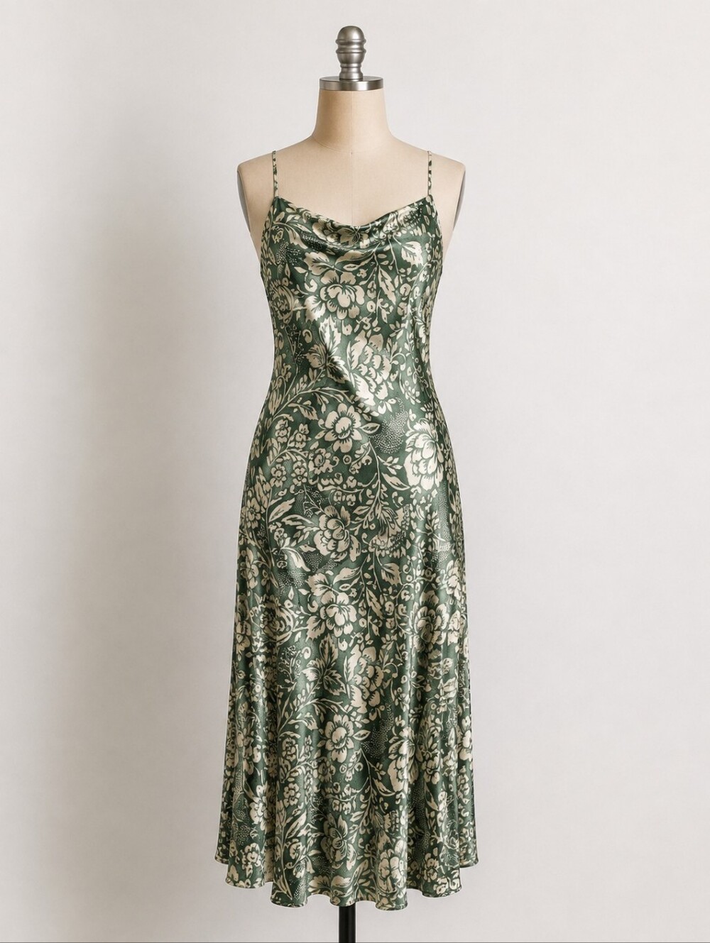 Zara Green and Cream Floral Satin Maxi Dress - Picture 2 of 5